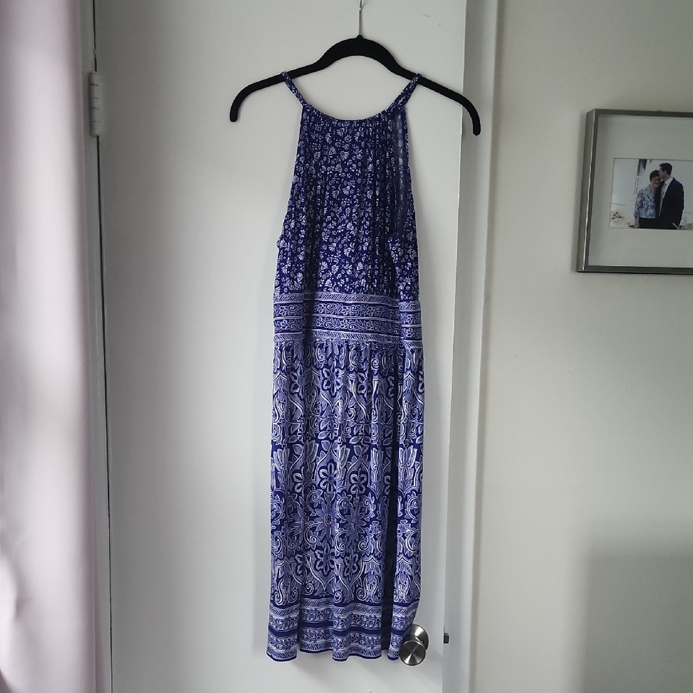 London Times Blue and Purple Tiered Halter Sundress